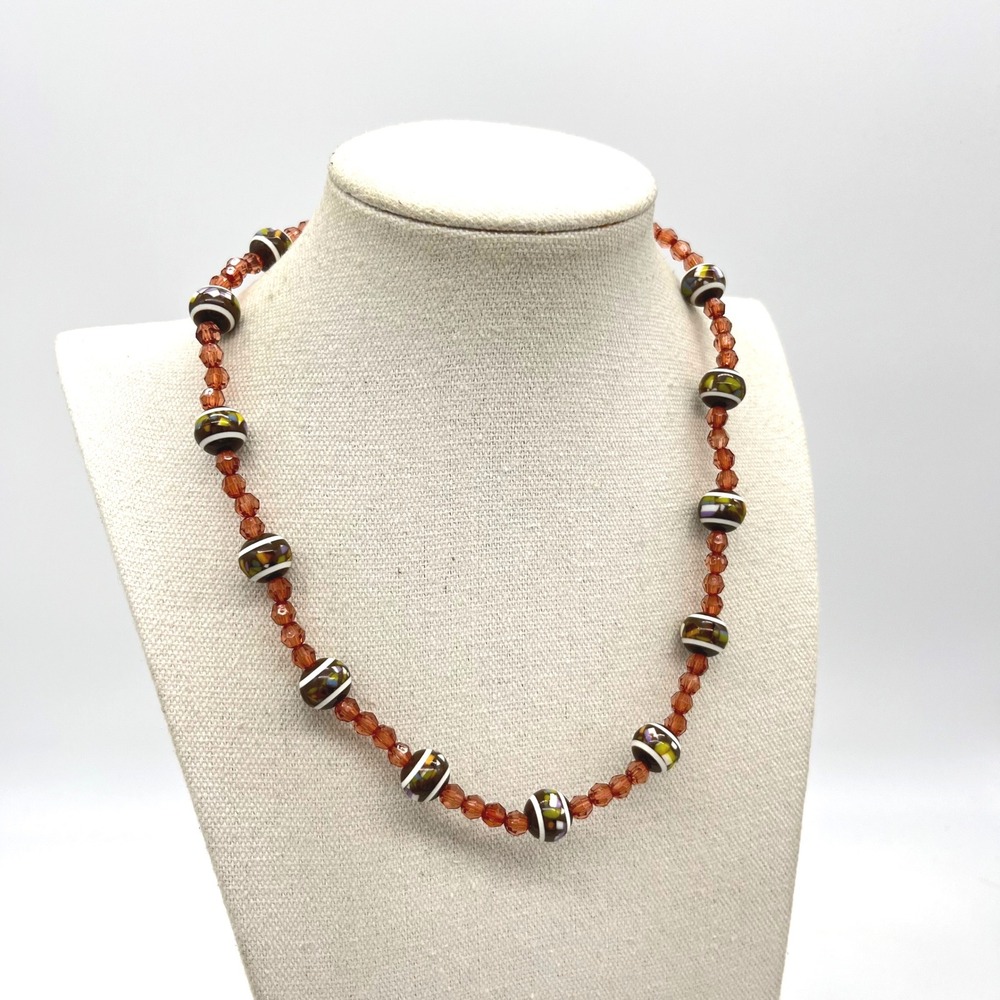 Vintage Brown Amber Tone Beaded Necklace Plastic Swirl Pattern Retro‎ 18 Inch
